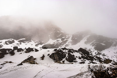 Snow cap mountains covered with low cloud at day