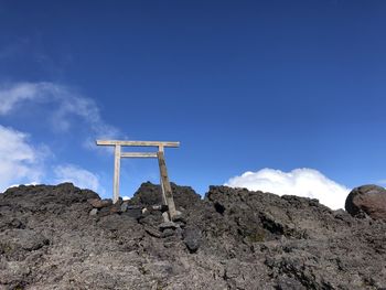 Low angle view of rocks on mountain against blue sky