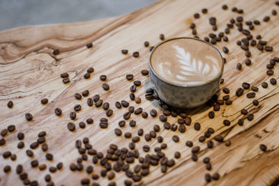 High angle view of coffee cup on table