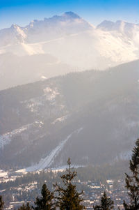 Scenic view of snow covered mountains against sky