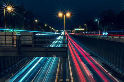 Light trails on road at night