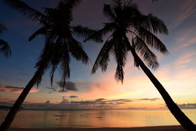 Silhouette palm trees on beach against sky during sunset