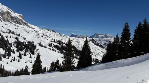 Scenic view of snowcapped mountains against clear blue sky