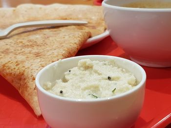 Close-up of breakfast served on table