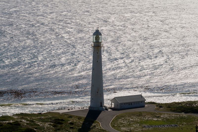 High angle view of lighthouse by sea