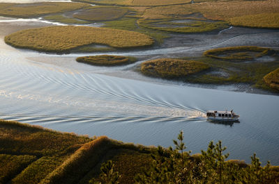 High angle view of river amidst agricultural landscape