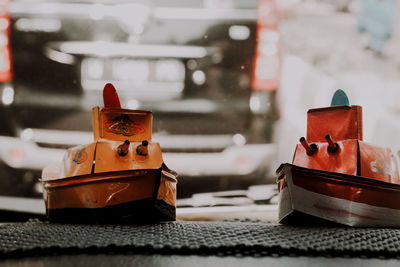 Close-up of toy car on table