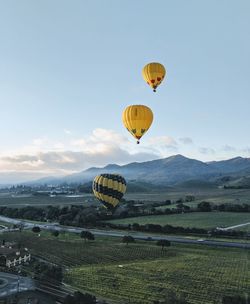 Hot air balloons flying over field against sky