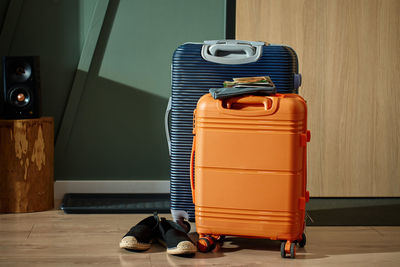 Low section of person with suitcase at home
