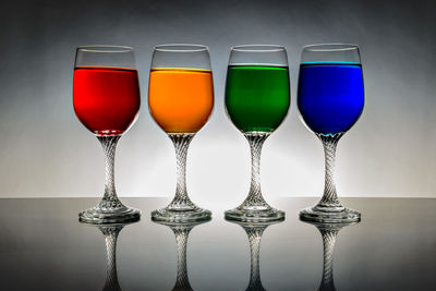 Close-up of wine glasses on table