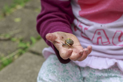 Close-up of hand holding snail