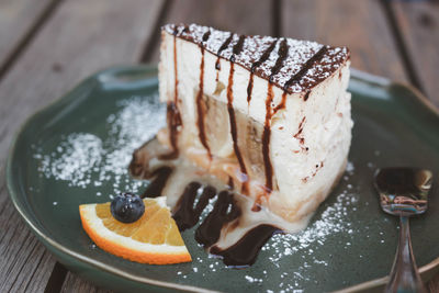 High angle view of dessert in plate on table