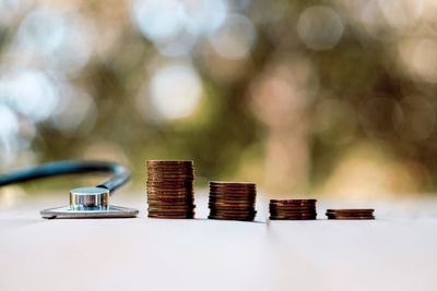 Close-up of coins on table