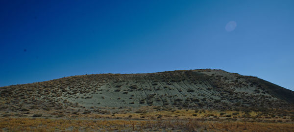 Low angle view of mountain against clear blue sky