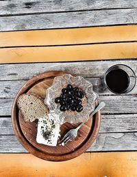 High angle view of food and drink on table