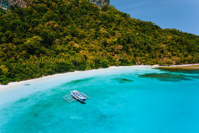 Scenic view of sea and trees against sky