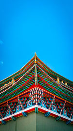 Low angle view of illuminated building against clear blue sky