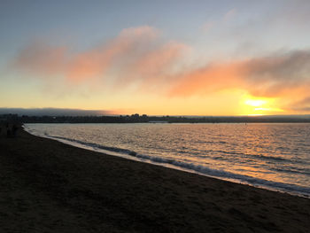 Scenic view of beach against sky during sunset