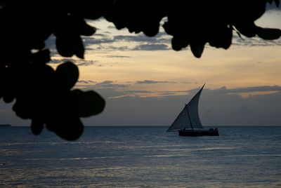 Silhouette of boats sailing in sea at sunset