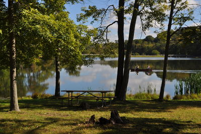 Scenic view of lake by trees against sky