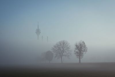 Trees on landscape against sky during foggy weather