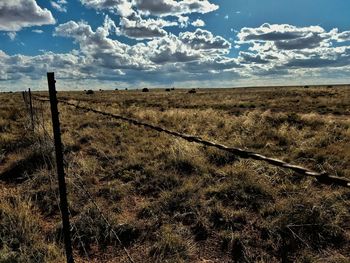 Scenic view of field against cloudy sky