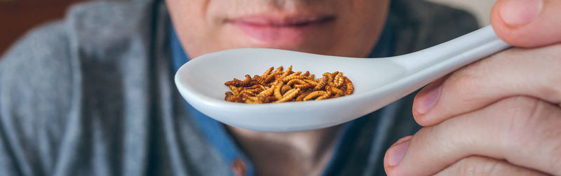 Midsection of man having worms at restaurant