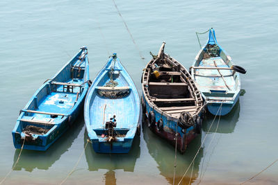 High angle view of ship moored in sea