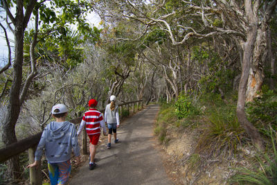 Rear view of siblings walking by trees on footpath at forest