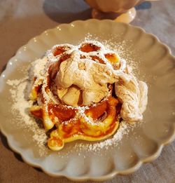 High angle view of dessert in plate on table