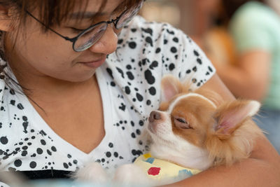 High angle view of woman with dog