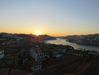 High angle view of cityscape against sky during sunset