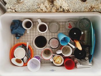 High angle view of various eggs in kitchen