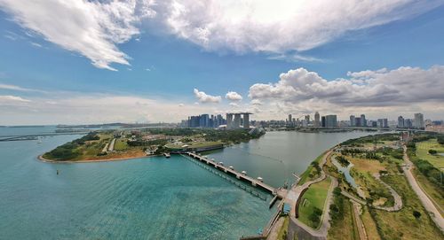 Aerial view of city against cloudy sky