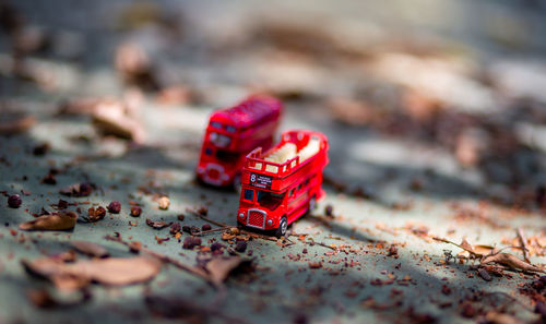 Close-up of red toy on metal