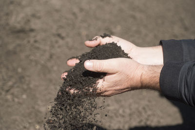 Close-up of man holding hands on sand