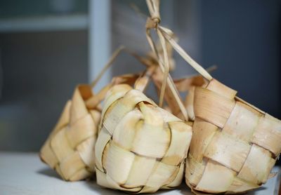 Close-up of stack of food on table