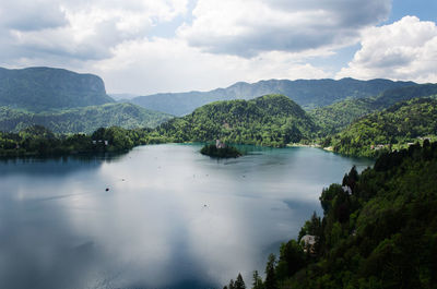 Scenic view of lake and mountains against sky