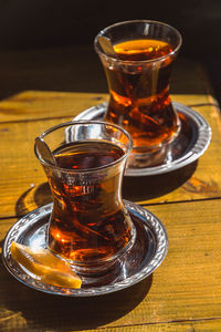 Close-up of tea in glass on table