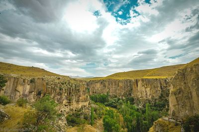 Scenic view of mountains against cloudy sky