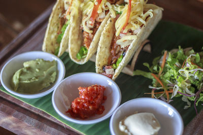 High angle view of meal served on table