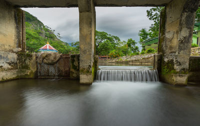 Scenic view of waterfall against sky