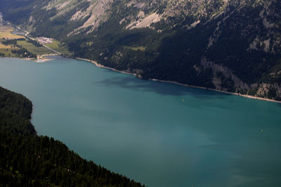 High angle view of lake and mountains