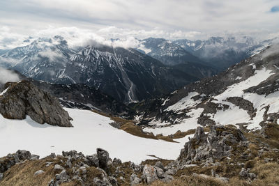 Scenic view of snowcapped mountains against sky