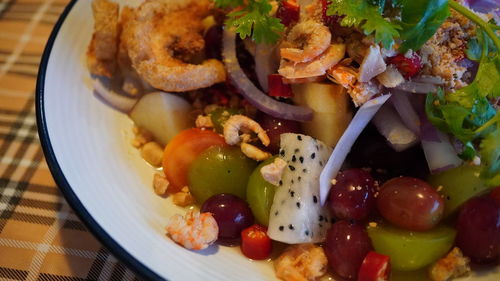 High angle view of food served in plate