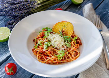 High angle view of meal served in bowl