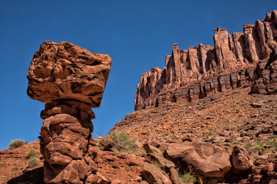 Low angle view of rock formations against blue sky