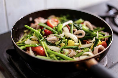 High angle view of salad in cooking pan