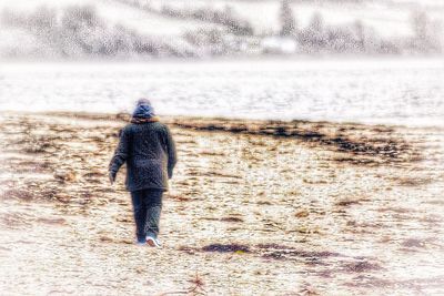 Rear view of man walking on sea shore