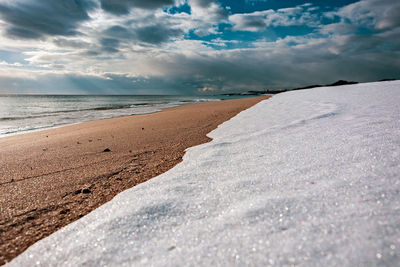 Surface level of beach against sky